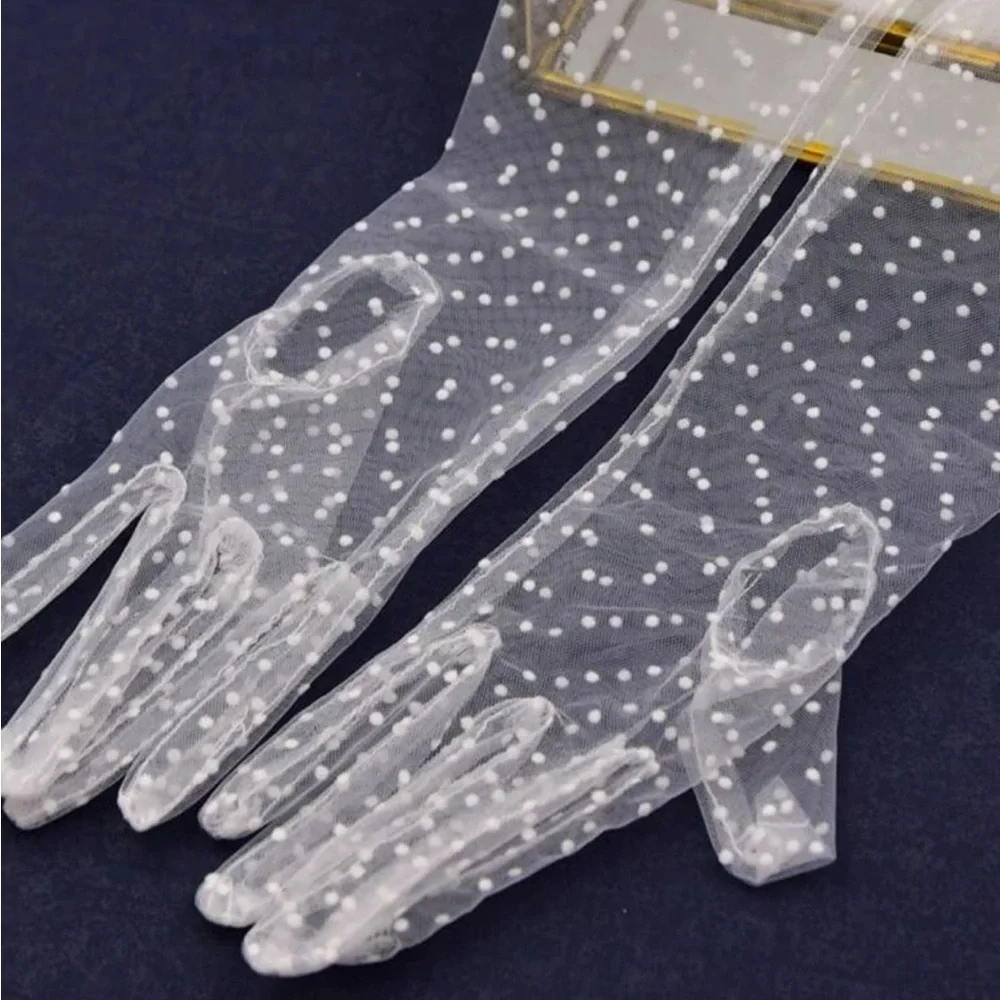 Anthropologie Sheer Polka Dot Long Gloves in Ivory